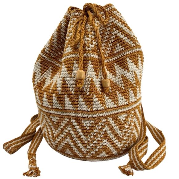 Southwestern Mustard Yellow Hand Woven Adjustable Boho Backpack - Picture 2 of 7